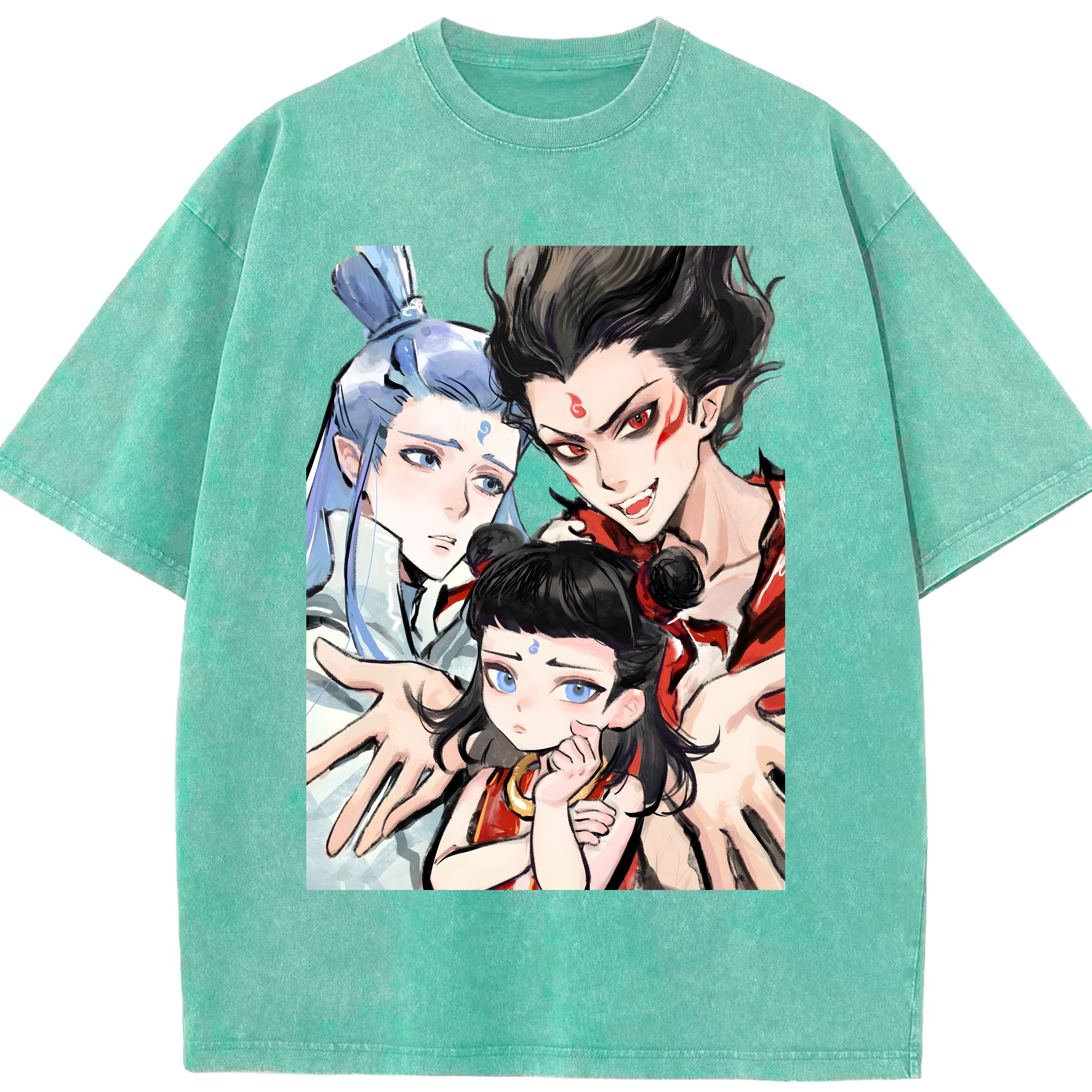 （画像用） Ne Zha 2 ナタ 魔童の大暴れ 綿100% ヴィンテージ風 半袖Tシャツ（フロントプリント）